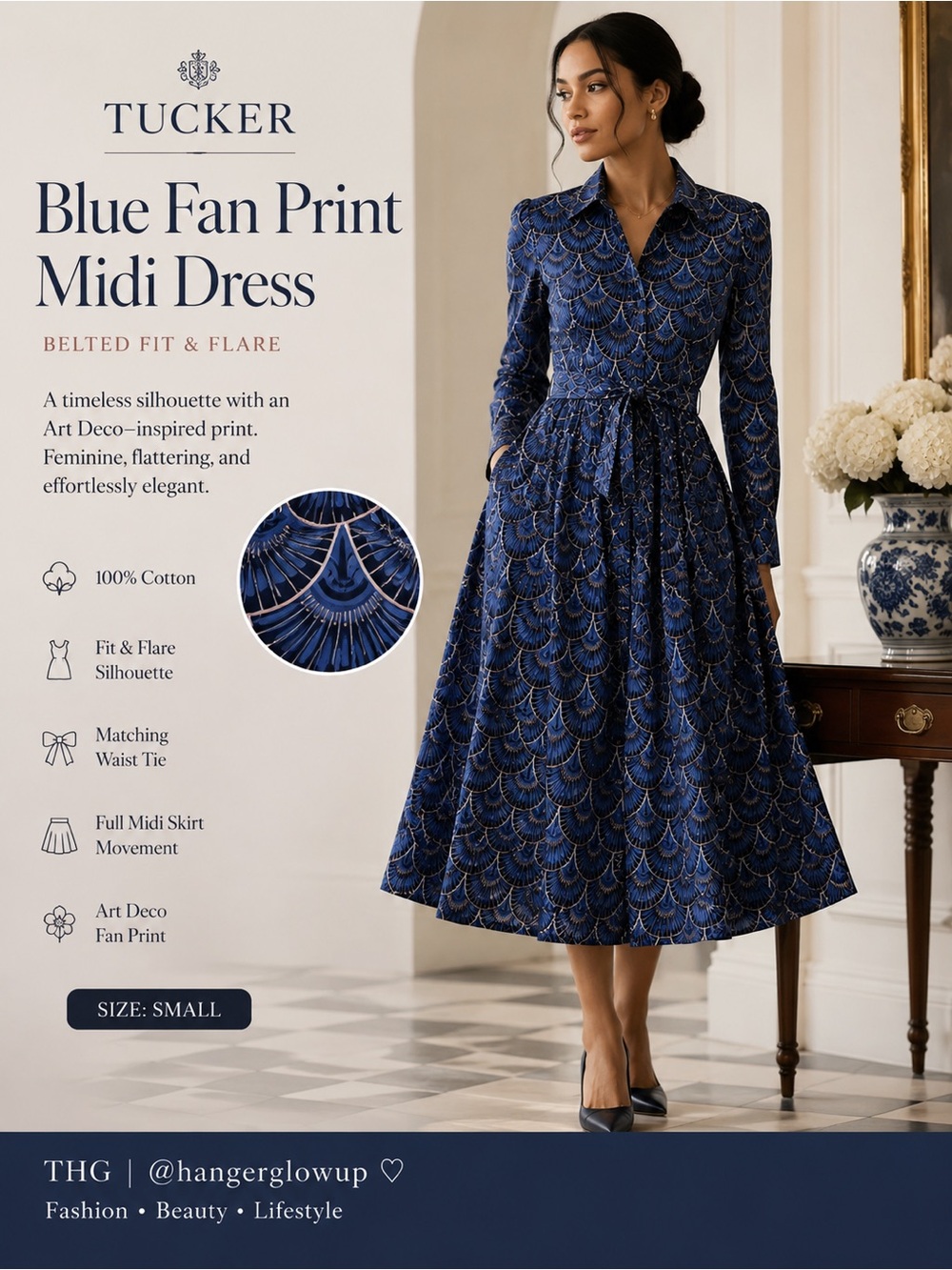 Tucker Blue Fan Print Midi Dress
